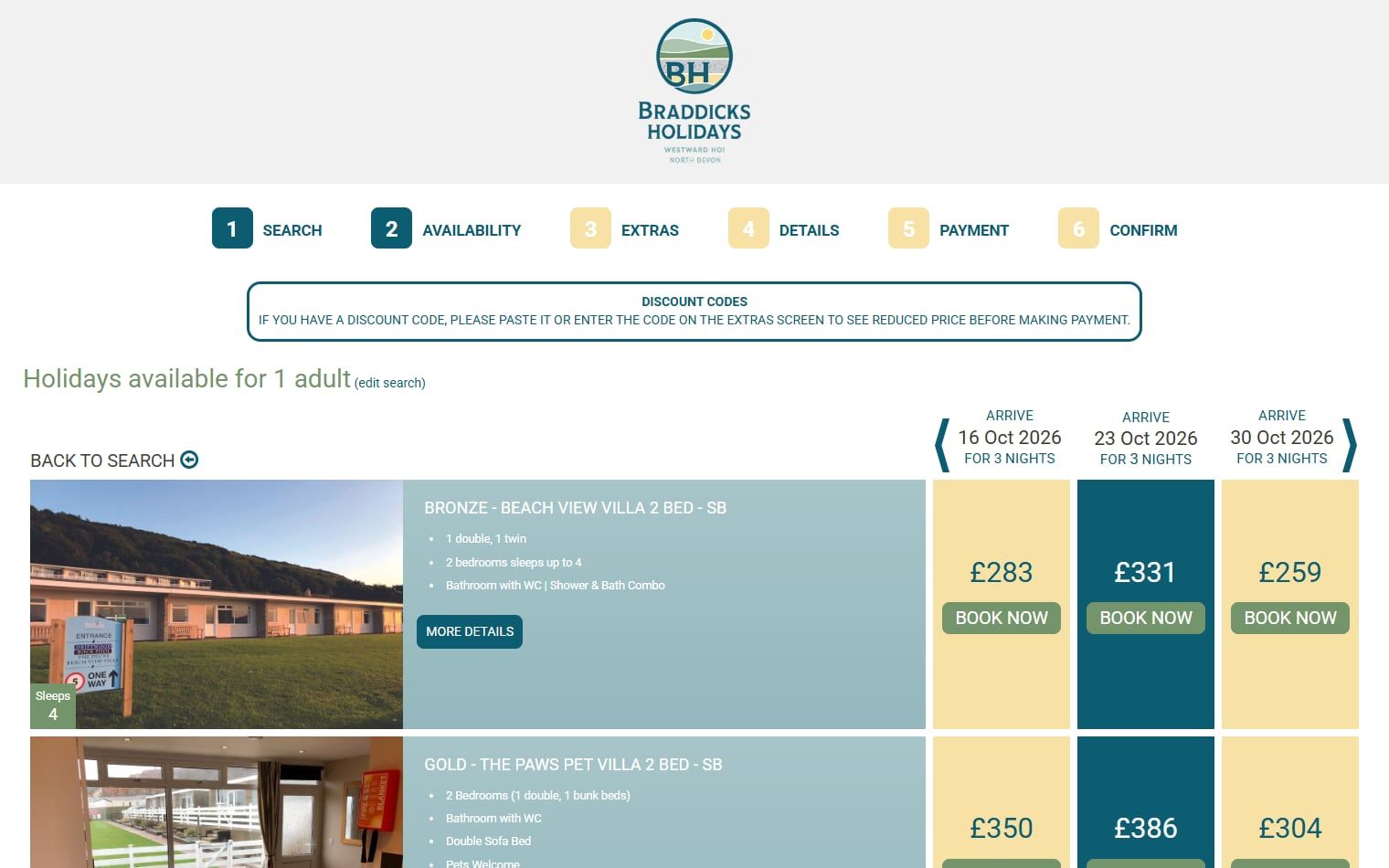 Braddicks Holidays availability: holiday villas and caravans with prices for three arrival dates