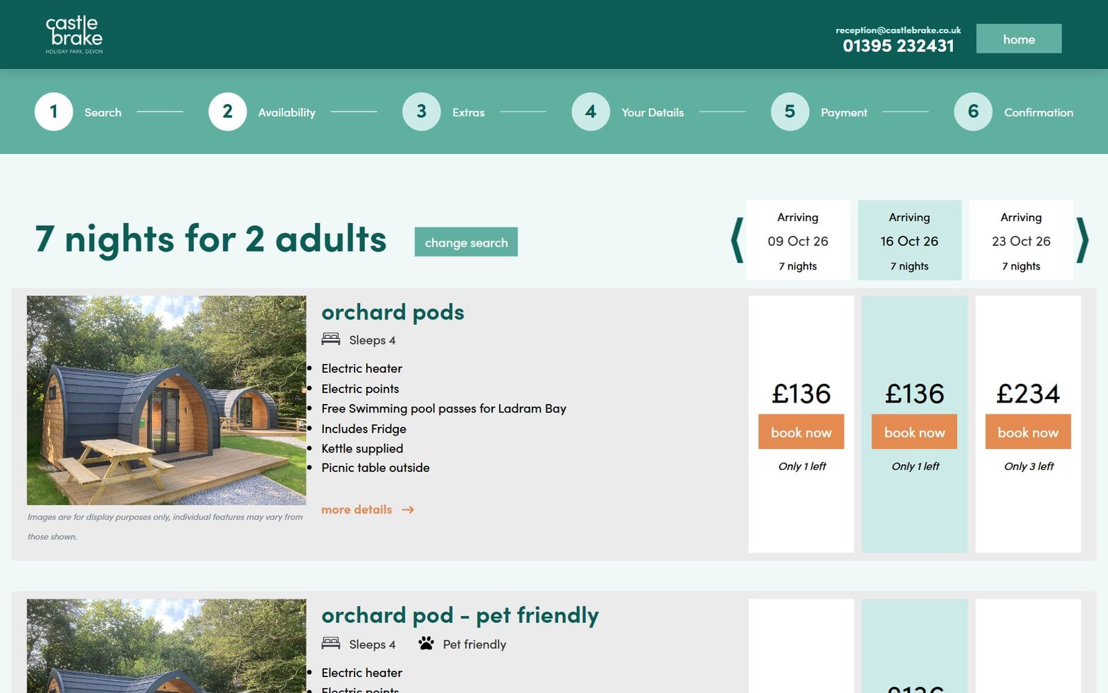 Castle Brake availability for 7 nights for 2 adults: orchard pods with prices for three arrival dates