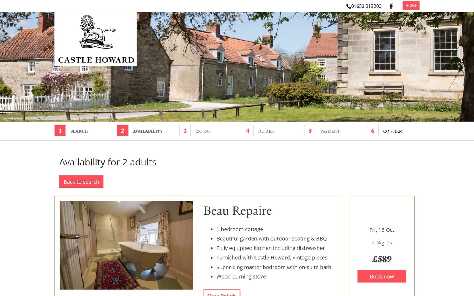 Castle Howard cottages availability: Beau Repaire cottage with its price