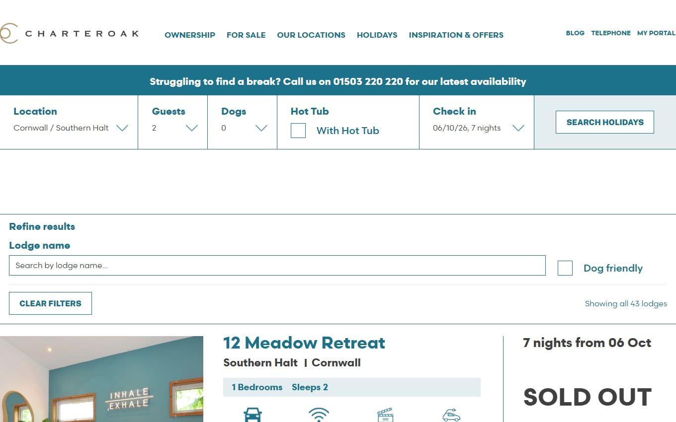 Charter Oak lodge search results with filters and prices