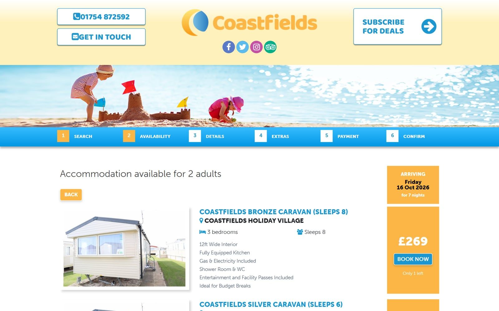 Coastfields availability: caravans at Coastfields Holiday Village with prices