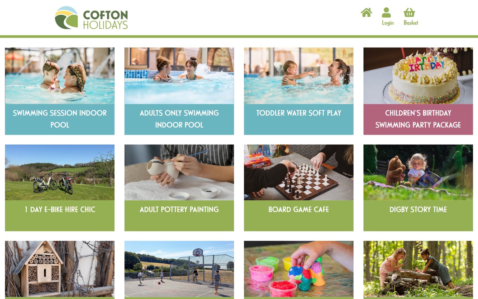 Cofton Holidays activities booking page listing swimming sessions and other activities