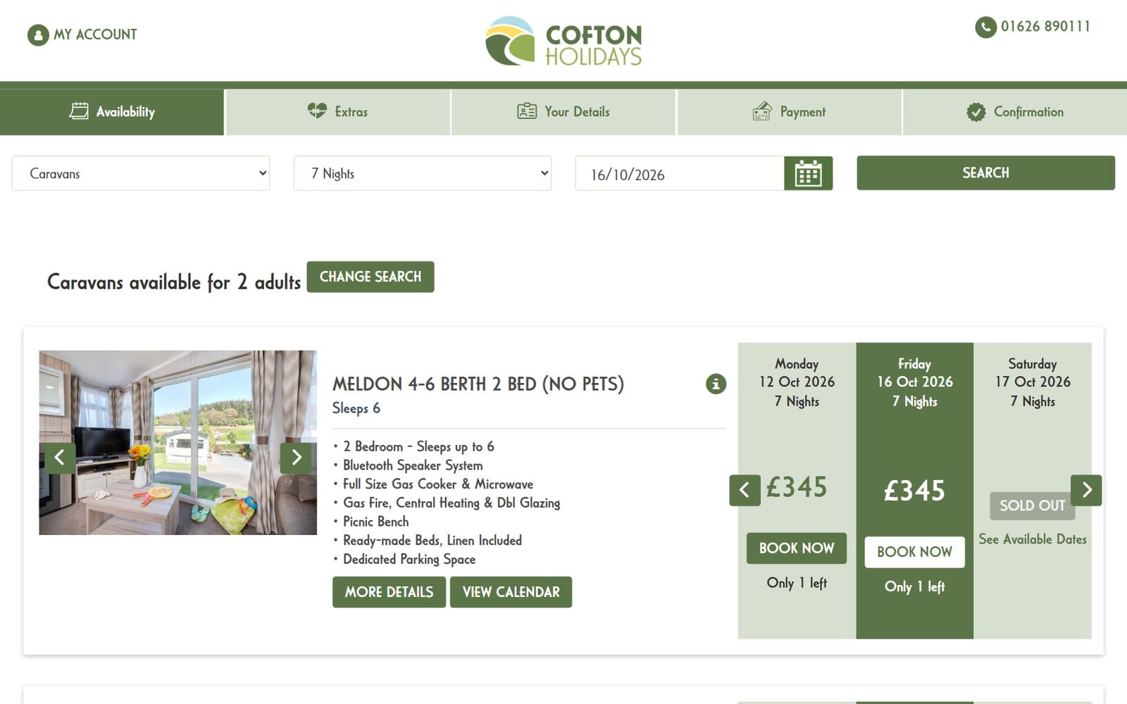Cofton Holidays availability: a caravan with prices for three arrival dates