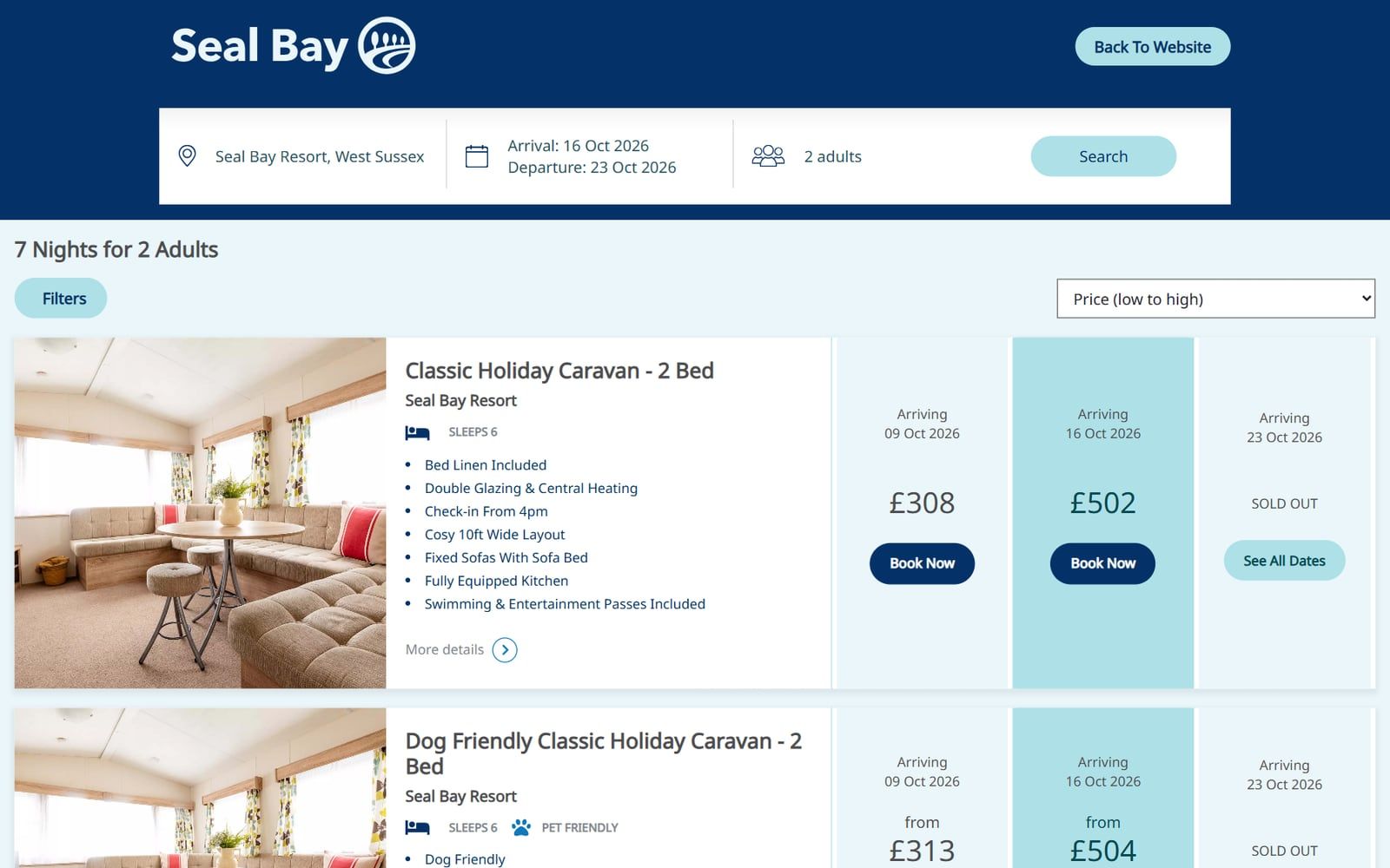 Seal Bay availability for 7 nights for 2 adults: holiday caravans with prices for three arrival dates