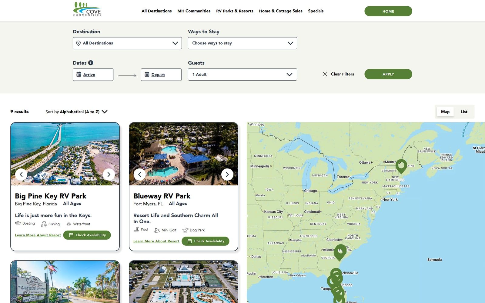 Cove Communities park search, with RV parks listed beside a map