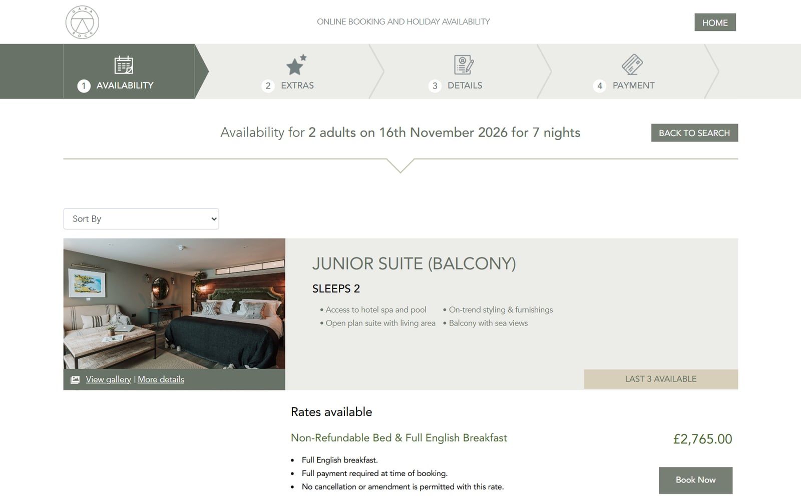Gara Rock availability: a junior suite with its rates
