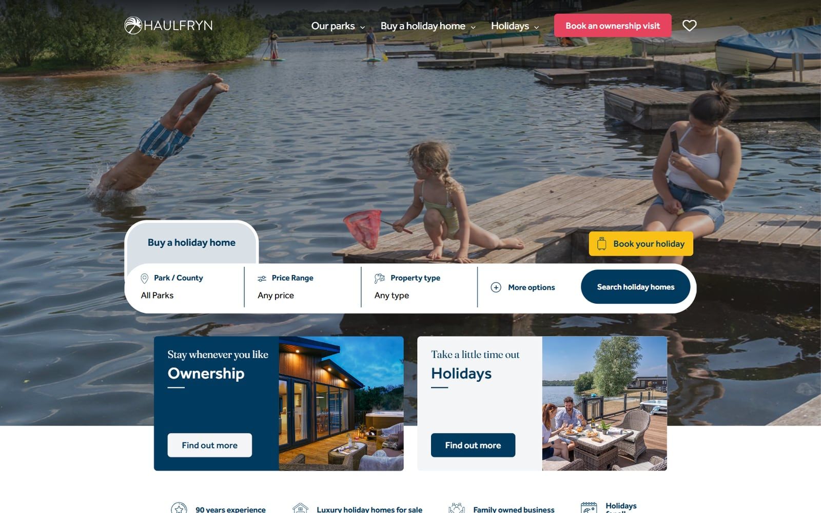 Haulfryn Holidays homepage: a family on a lakeside jetty, with a holiday home search
