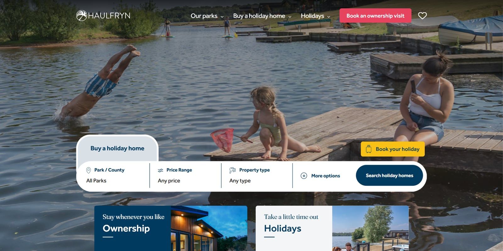 Haulfryn Holidays homepage: a family on a lakeside jetty, with a holiday home search