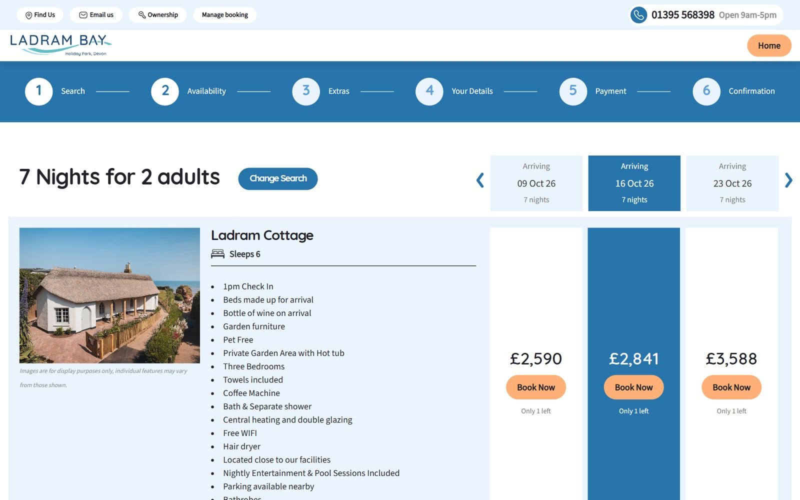 Ladram Bay availability for 7 nights for 2 adults: Ladram Cottage with prices for three arrival dates