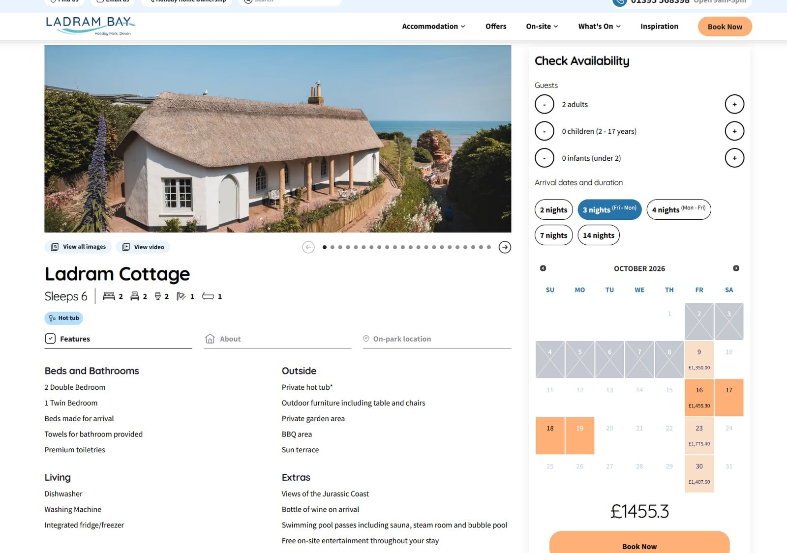 Ladram Bay's availability widget beside a cottage: guests, nights and a calendar of prices, with a Book Now button