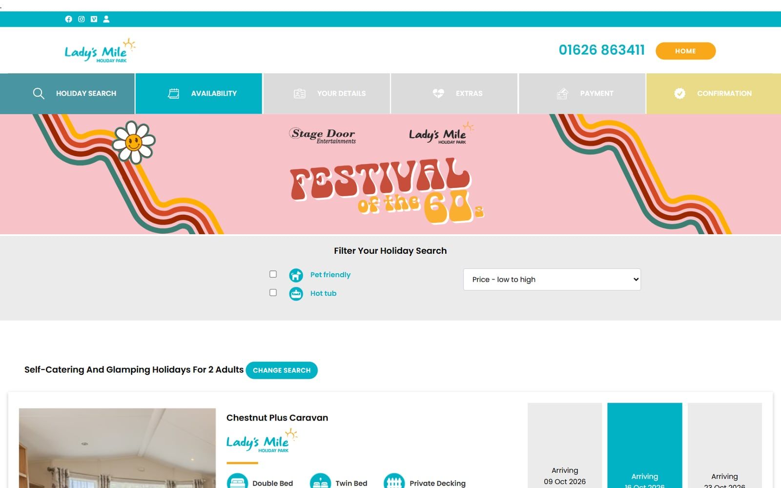 Lady's Mile availability, with filters and a caravan with prices