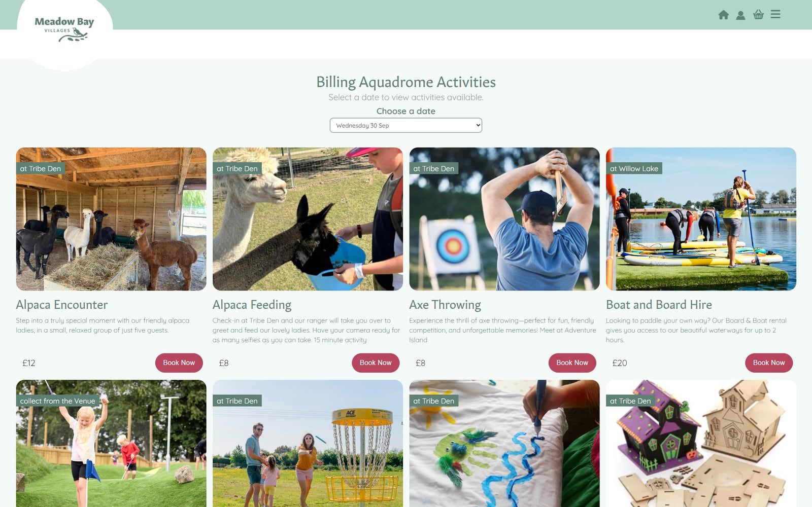 Meadow Bay Villages activities at Billing Aquadrome: choose a date, then book activities such as alpaca encounters, axe throwing and boat hire