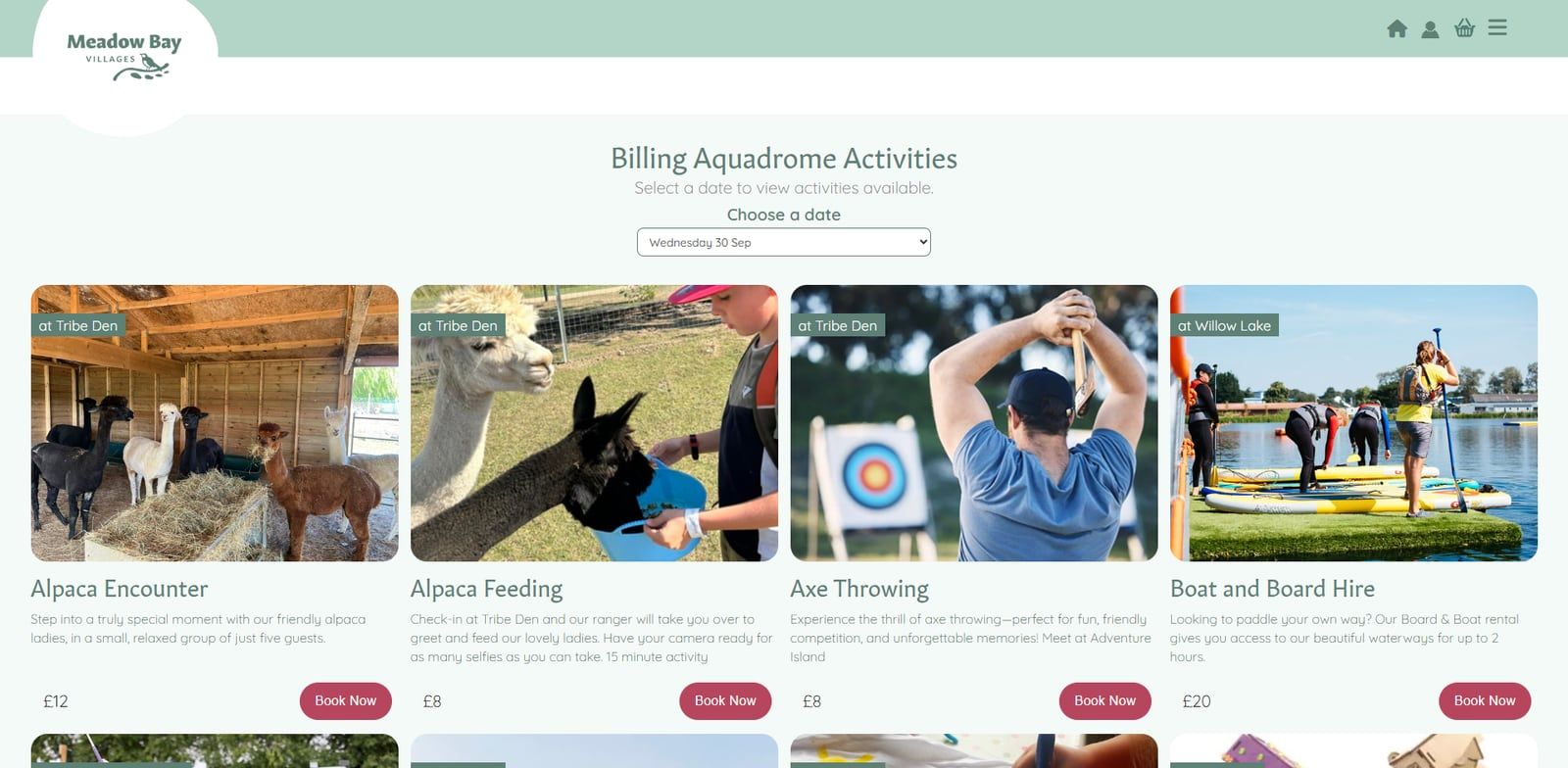 Meadow Bay Villages activities at Billing Aquadrome: choose a date, then book activities such as alpaca encounters, axe throwing and boat hire