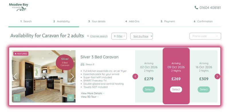 Meadow Bay booking page showing available caravans and prices