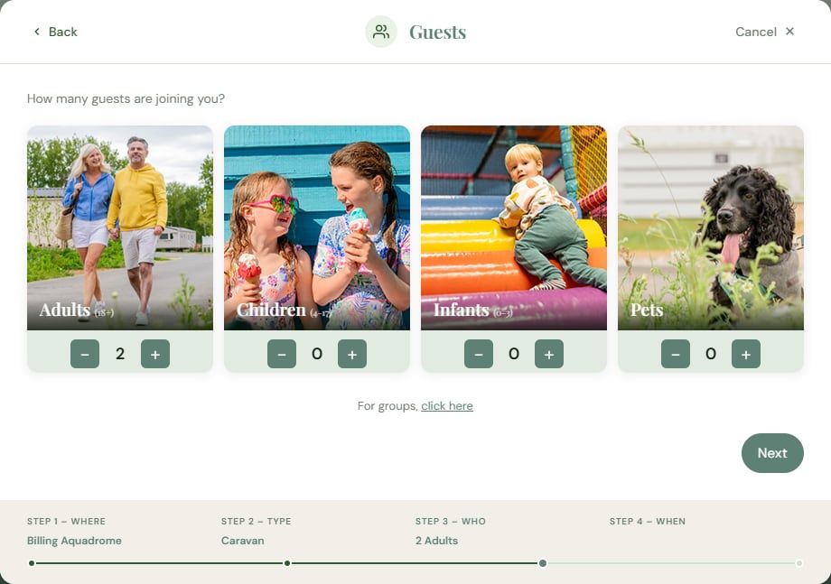Meadow Bay's search widget: guests choose a park, type of stay, party and dates, step by step