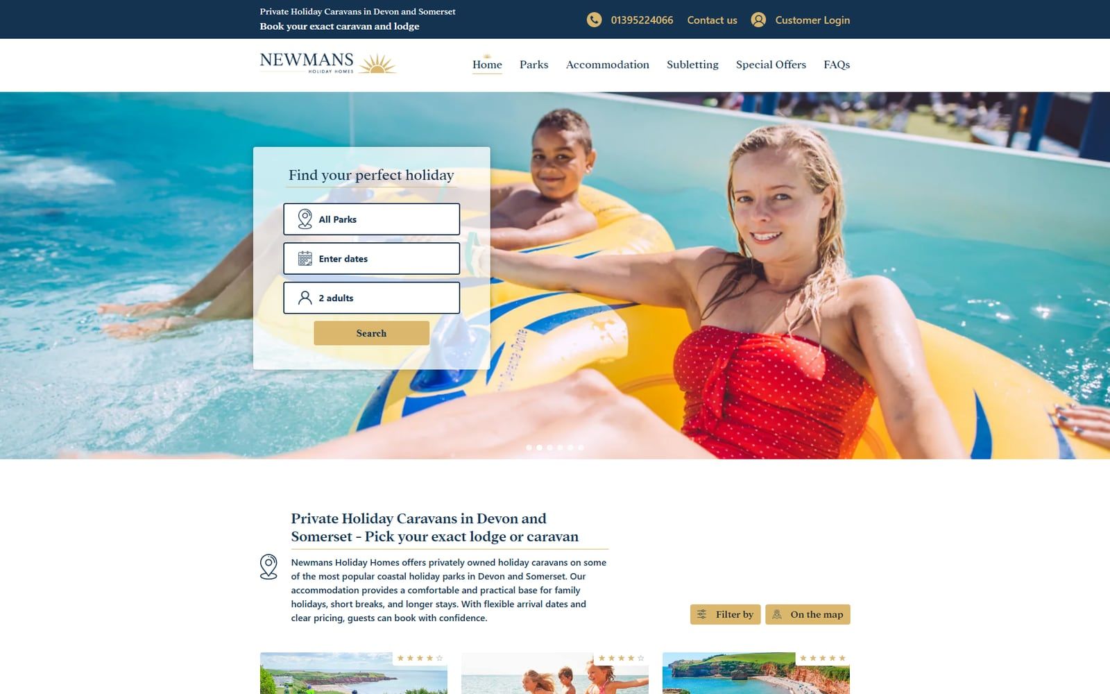 Newmans Holiday Homes homepage with holiday search and park listings