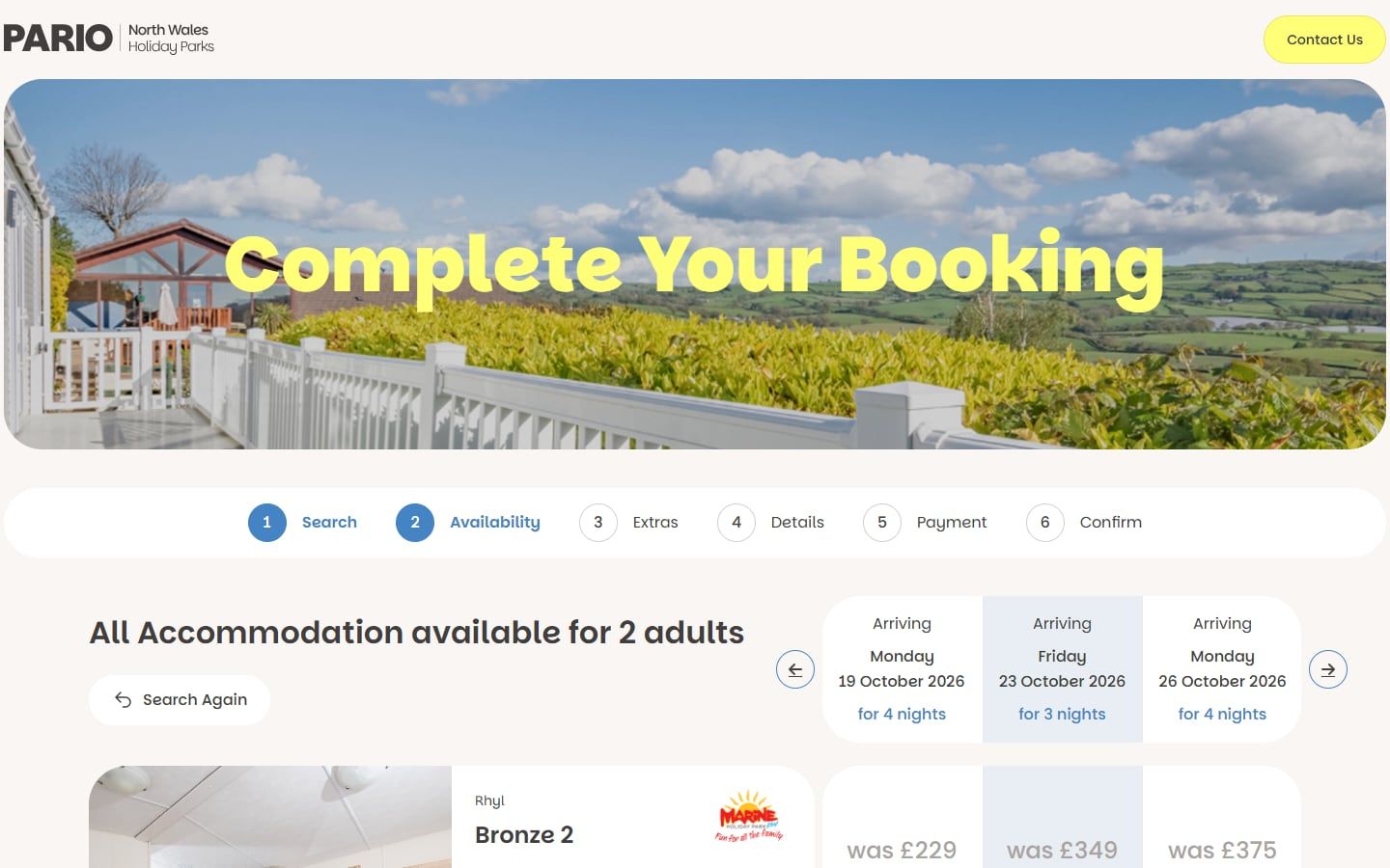 Pario Holiday Parks booking page with caravans and prices across three arrival dates