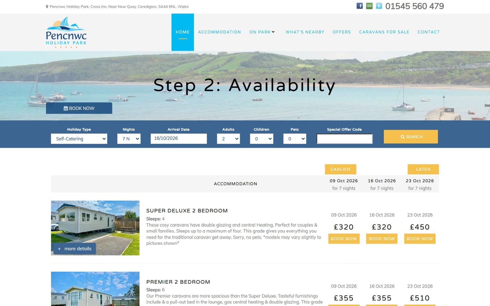 Pencnwc Holiday Park availability for 7 nights: caravans with prices for three arrival dates