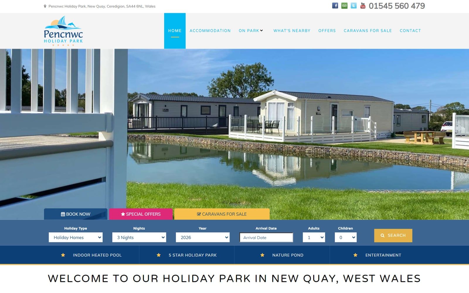 Pencnwc Holiday Park homepage with holiday search