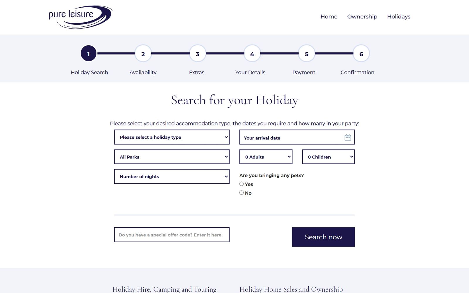 Pure Leisure holiday search by holiday type, park, dates and guests