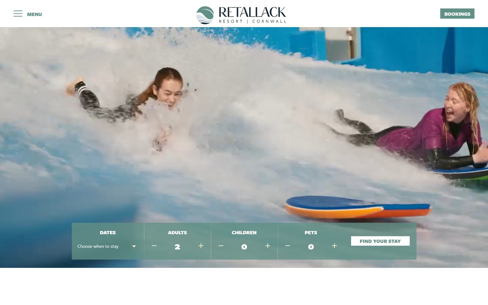 Retallack Resort homepage: a guest surfing the resort wave pool, with a holiday search