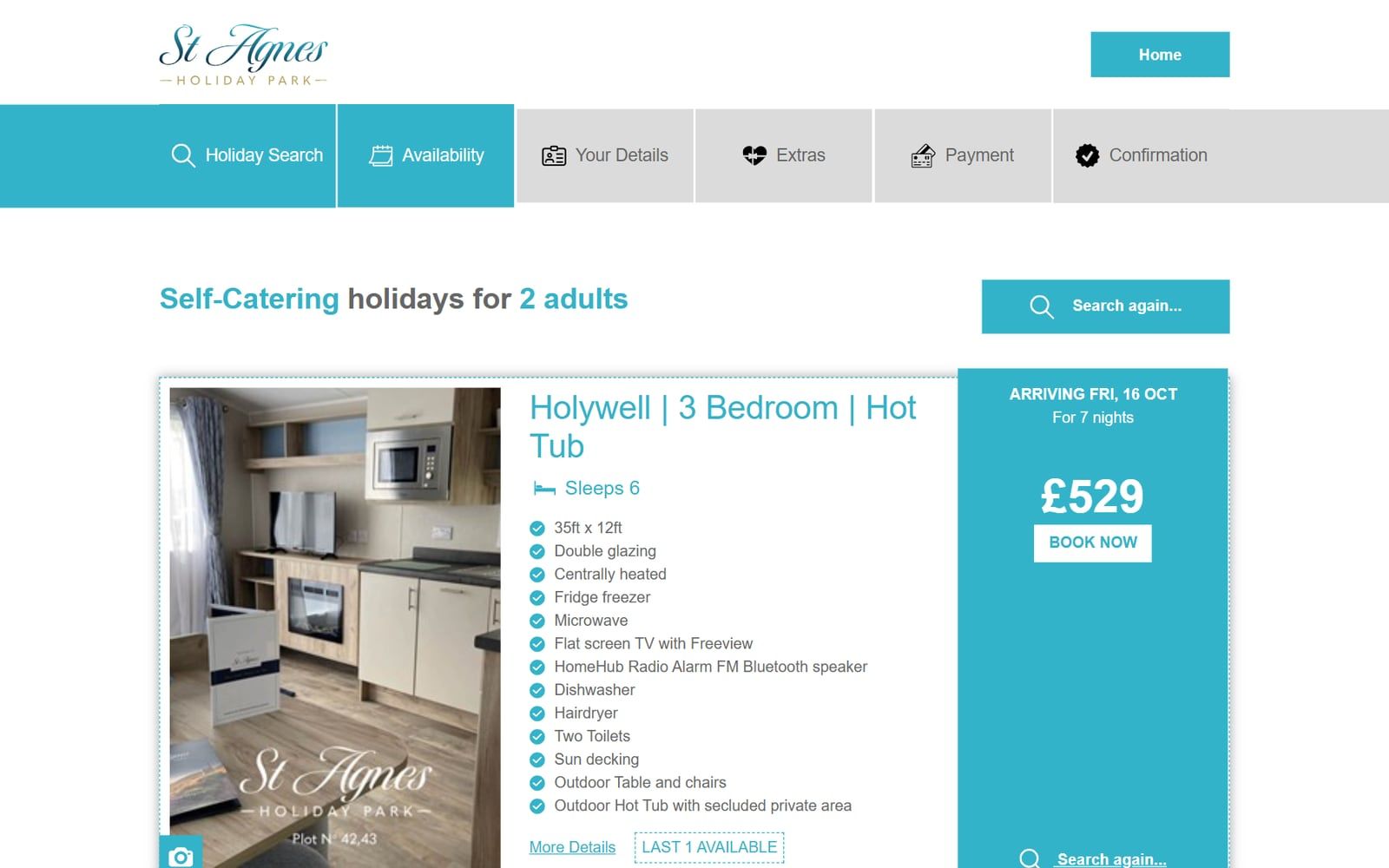 St Agnes Holiday Park availability: a three-bedroom caravan with a hot tub, and its price