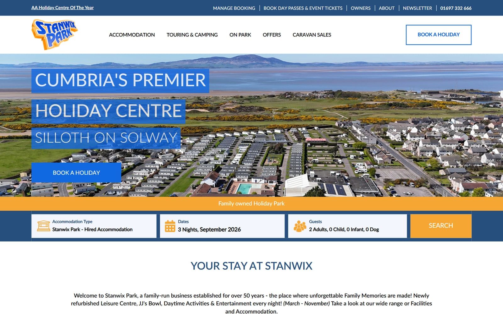 Stanwix Park homepage with holiday search