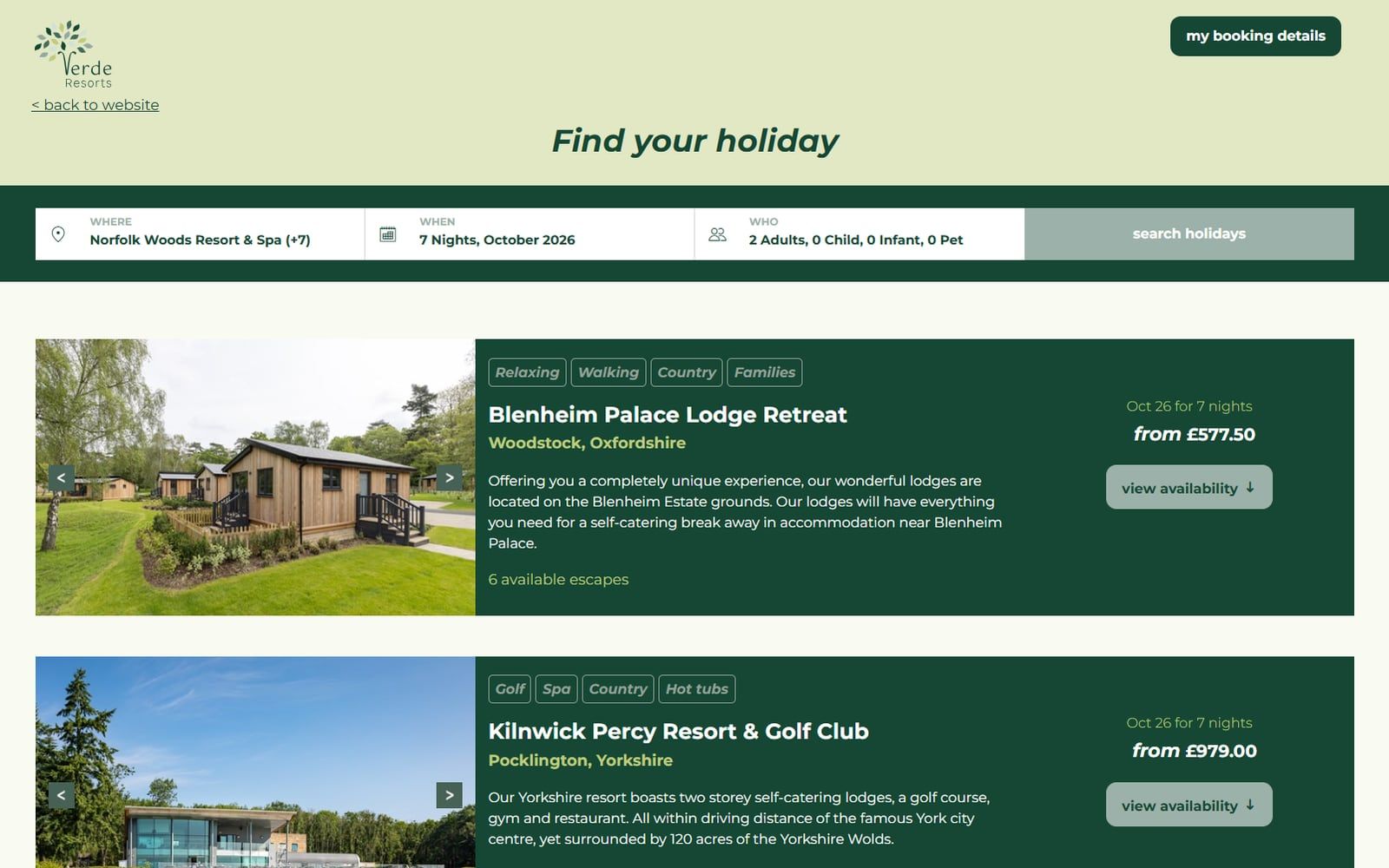 Verde Resorts holiday search results across their lodge retreats