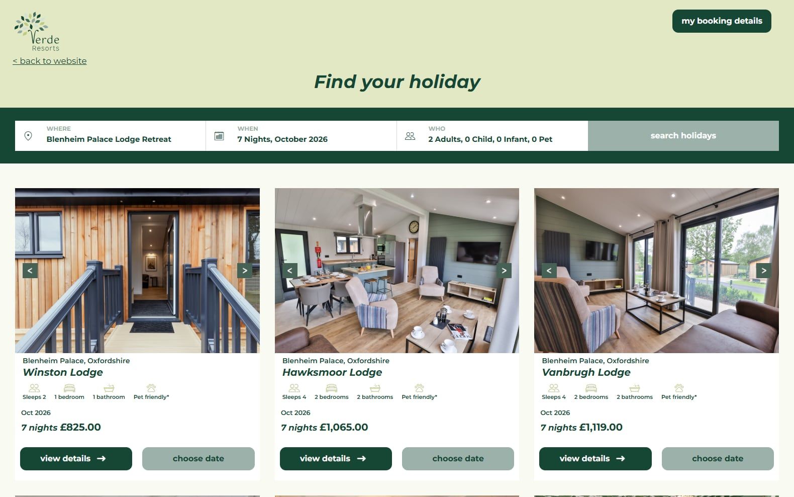 Verde Resorts lodges available at Blenheim Palace Lodge Retreat, with prices