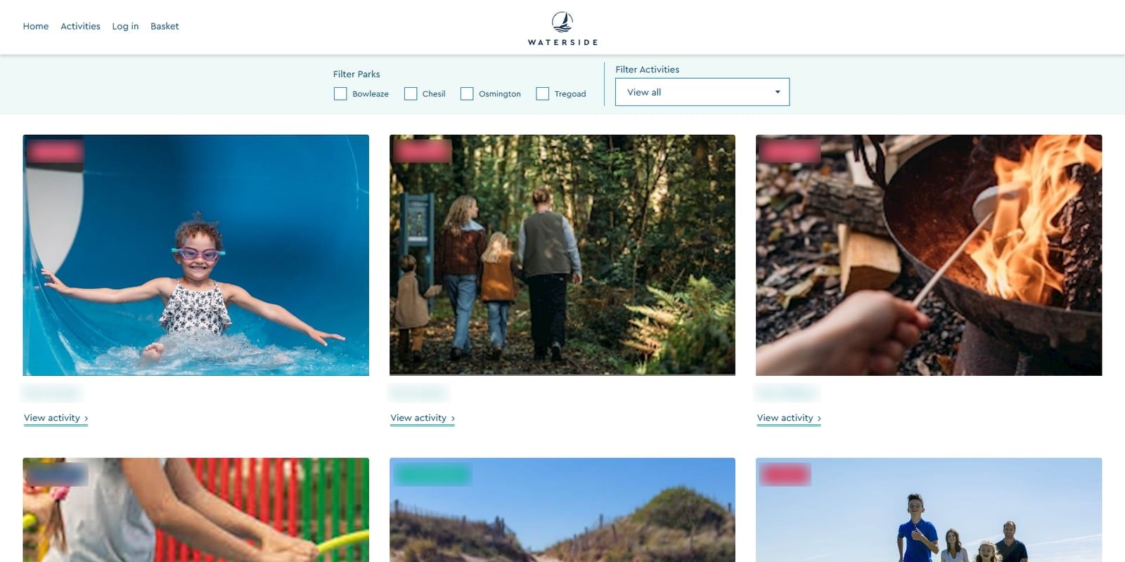 Waterside Holiday Group's activities booking: filter by park and type of activity, then choose from photo cards