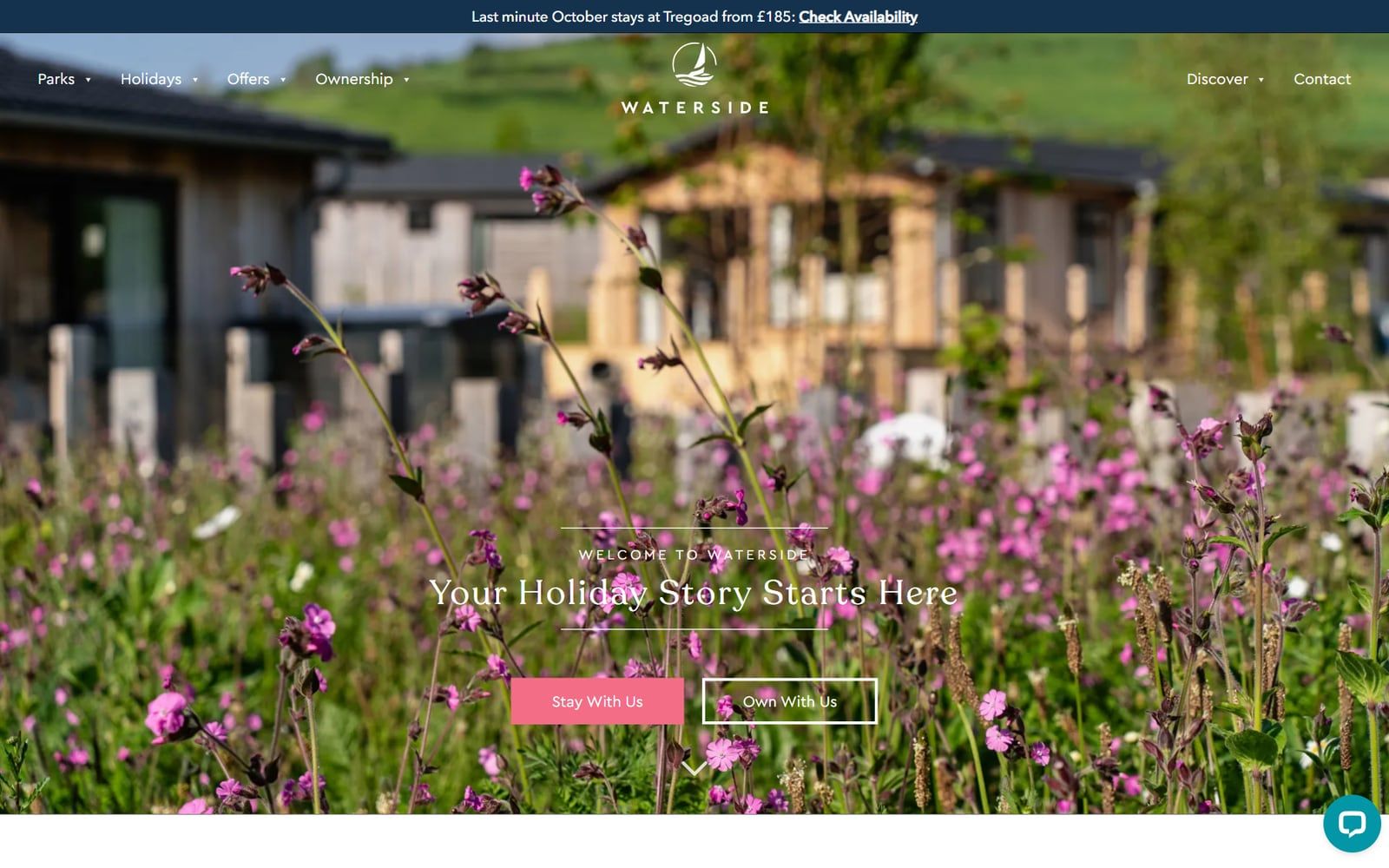 Waterside Holiday Group homepage: "Your holiday story starts here", with links to stay or own a holiday home