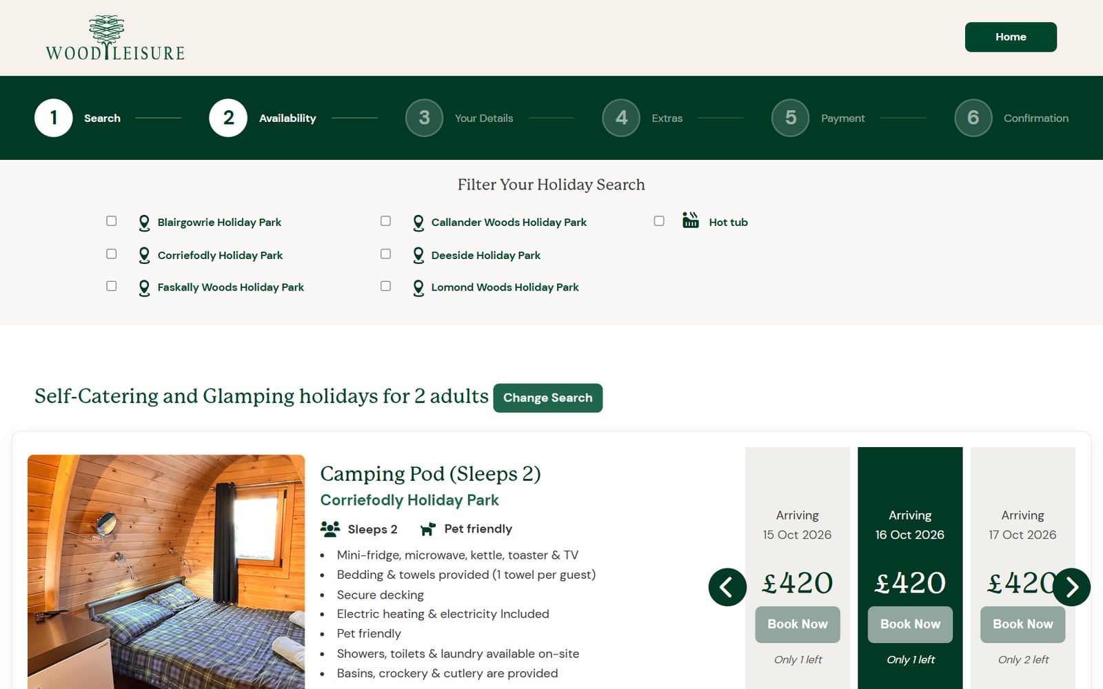 Wood Leisure availability: a camping pod at Corriefodly Holiday Park with prices for three arrival dates